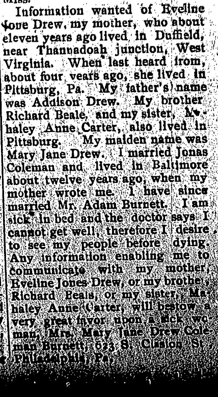 Mary Jane Drew Coleman Burnett seeks information about her mother Evaline Jone Drew