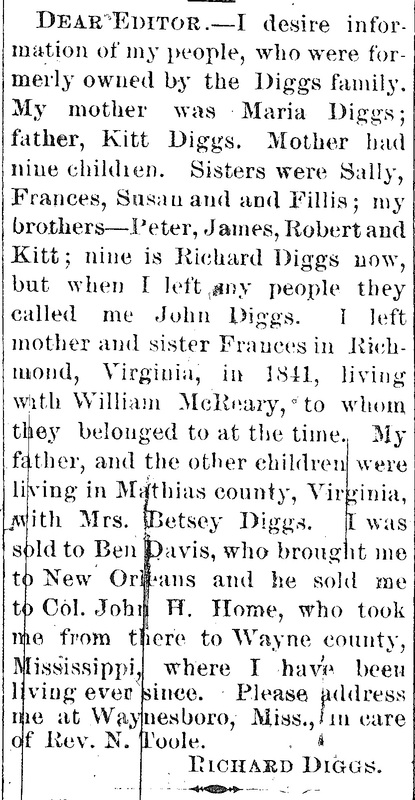 Richard Diggs (formerly John Diggs) searching for his parents Kitt and Maria Diggs and siblings