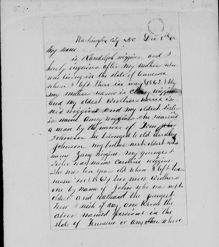 Letter from Randolph Wiggins to Freedmen&#039;s Bureau