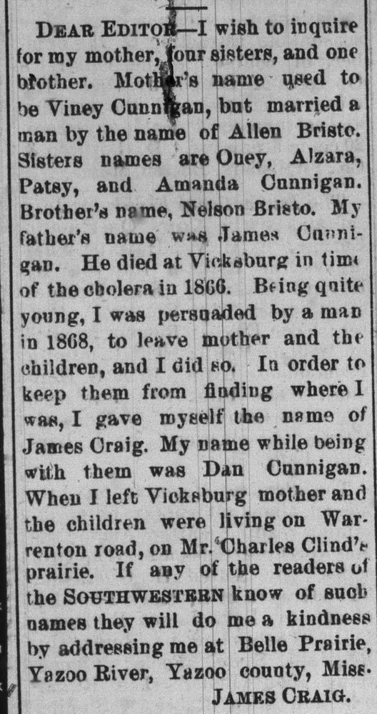 James Craig (formerly Dan Cunnigan) seeking mother Viney Bristo (formerly Viney Cunningan) and siblings