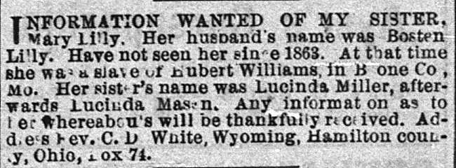 Lucinda Mason (formerly Lucinda Miller) searching for her sister Mary Lily