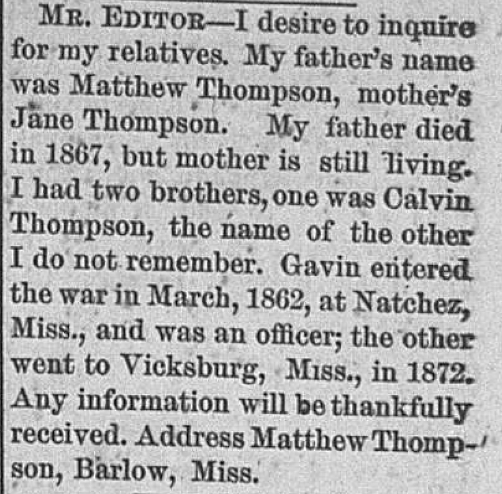 Matthew Thompson seeking mother Jane Thompson and two brothers