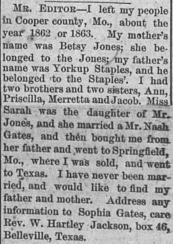 Sophia Gates seeking her mother Betsy Jones and father Yorkup Staples