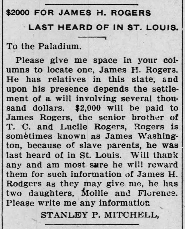 Stanley P. Mitchell searching for James H. Rogers (also known as James Washington) 