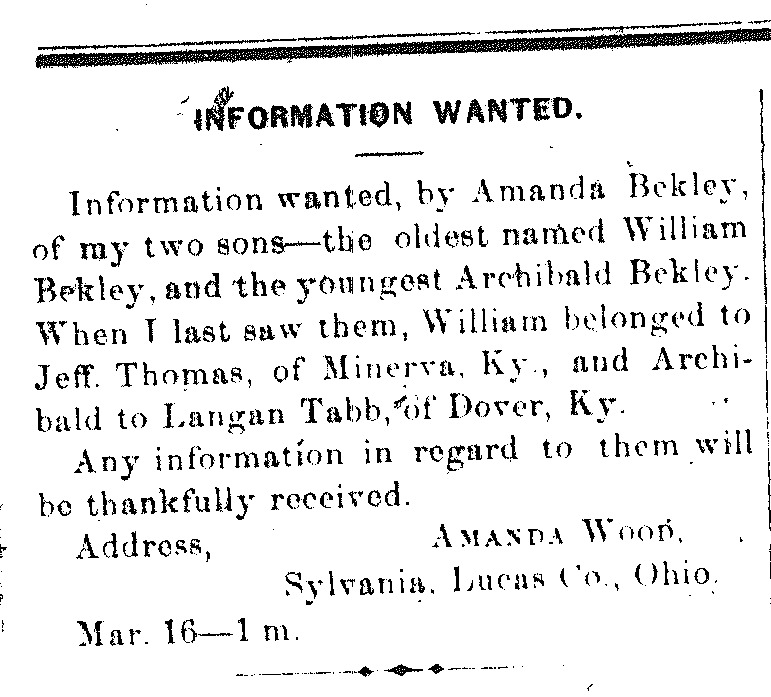 Amanda Wood (formerly Amanda Bekley) searching for her sons William and Archibald Bekley