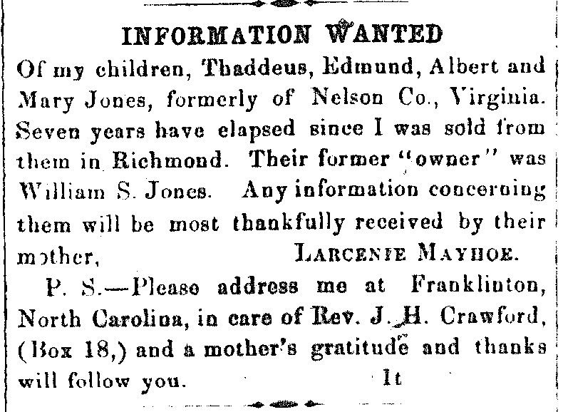 Larcenie Mayhoe looking for her children Thaddeus, Edmund, Albert, and Mary Jones