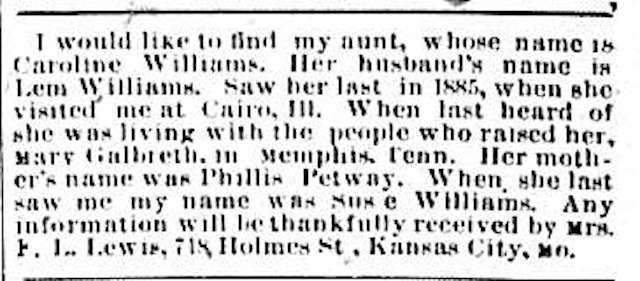 P. L. Lewis (formerly Susie Williams) seeking for her aunt Caroline Williams