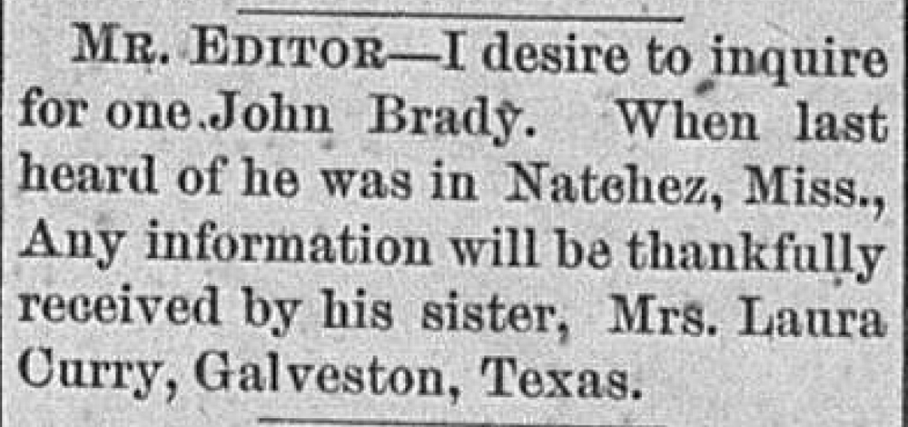 Mrs. Laura Curry seeking her brother John Brady