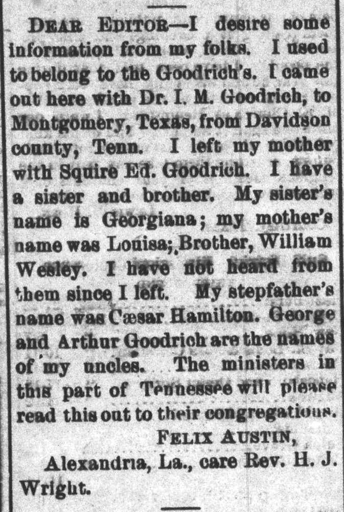 Felix Austin searching for his mother Louisa, sister Georgiana, and brother William Wesley