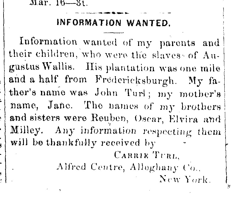 Carrie Turl searching for her parents John and Jane Turl and her siblings Reuben, Oscar, Elvira and Milley