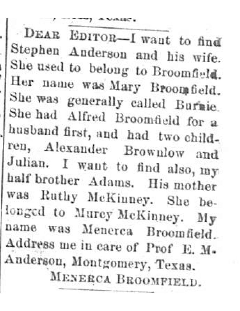 Menerca Broomfield searching for Stephen Anderson and Mary Broomfield