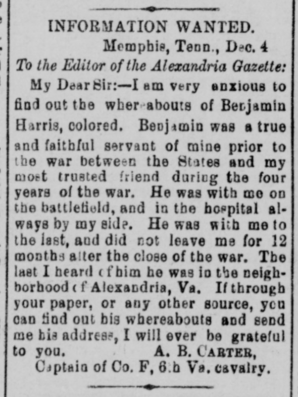 A. B. Carter searching for his former slave, Benjamin Harris