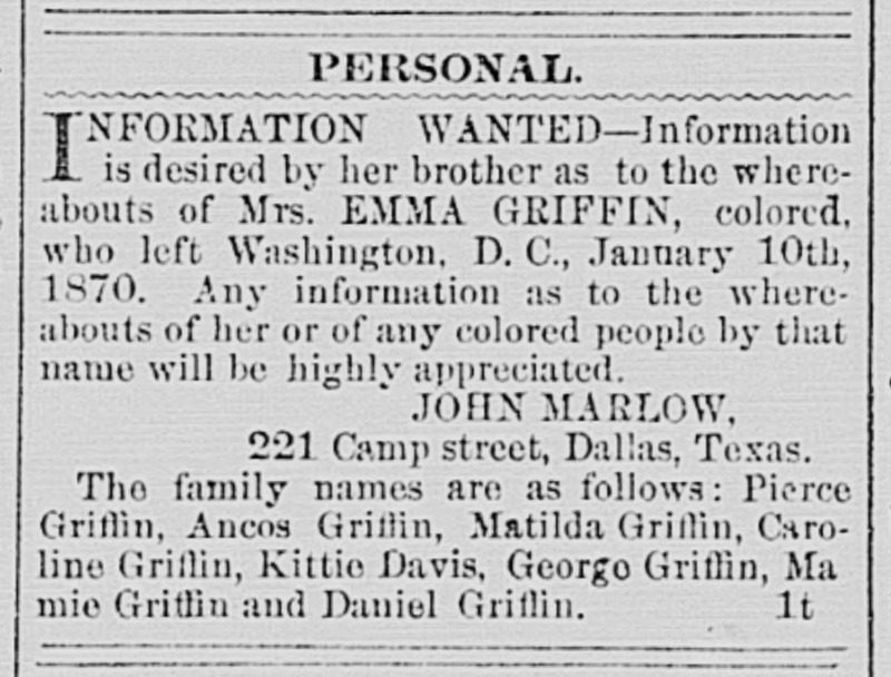 John Marlow searching for his sister, Mrs. Emma Griffin, and other relatives