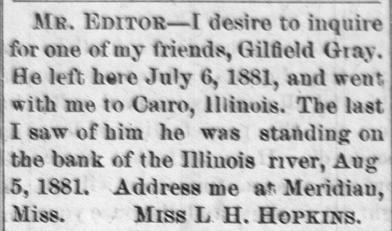 Miss L. H. Hopkins searching for her friend Gilfield Gray