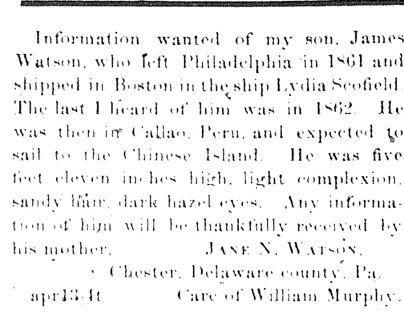 Jane N. Watson seeking information about her son James Watson