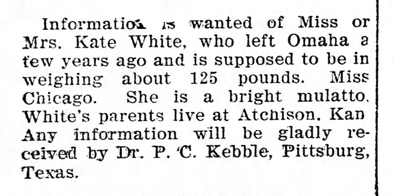 Dr. P. C. Kebble searching for Mrs. or Miss Kate White