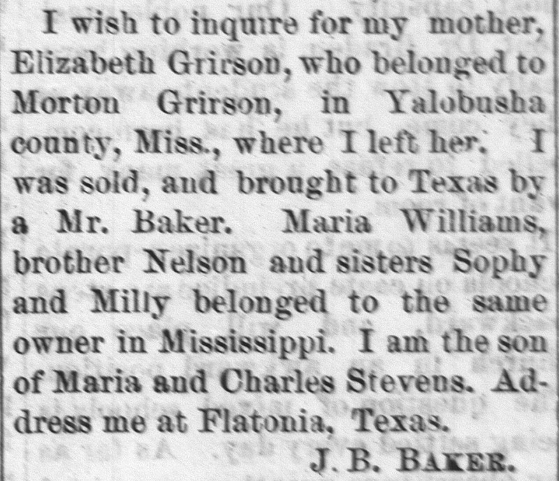 J. B. Baker searching for his mother Elizabeth Grirson