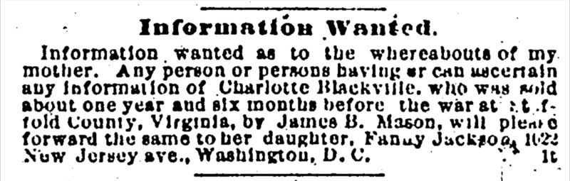 Fanny Jackson searching for her mother Charlotte Blackville