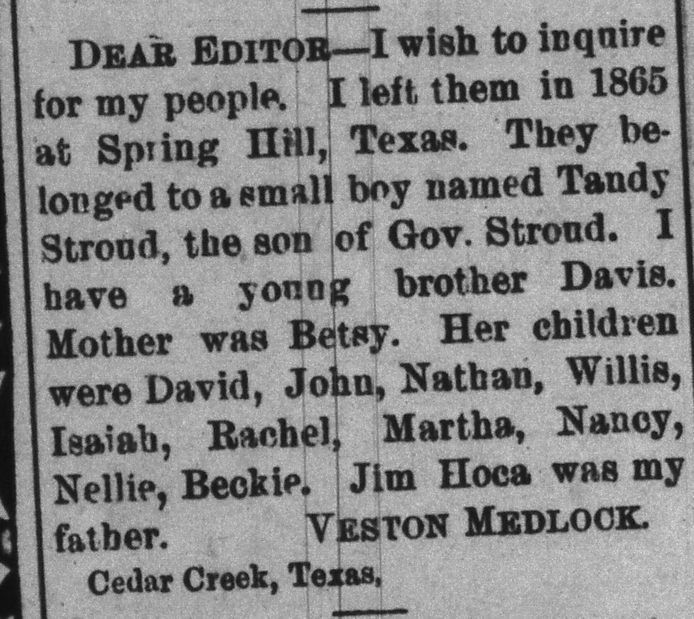 Veston Medlock searching for his relatives, including his mother Betsy, father Jim Hoca, and younger brother Davis