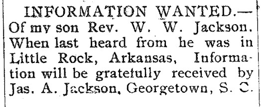 James Jackson seeking information about his son Rev. W. W. Jackson 