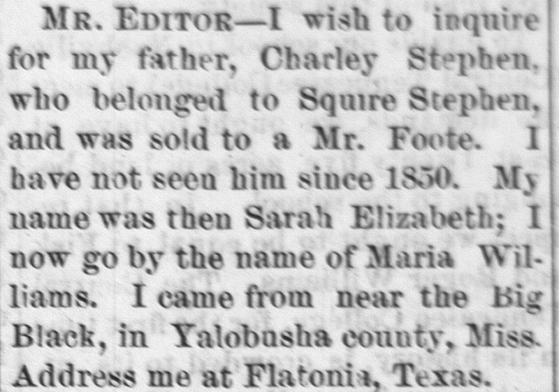 Maria Williams (formerly Sarah Elizabeth) searching for her father Charley Stephen