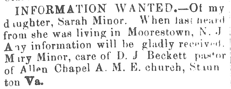 Mary Minor searching for her daughter Sarah Minor