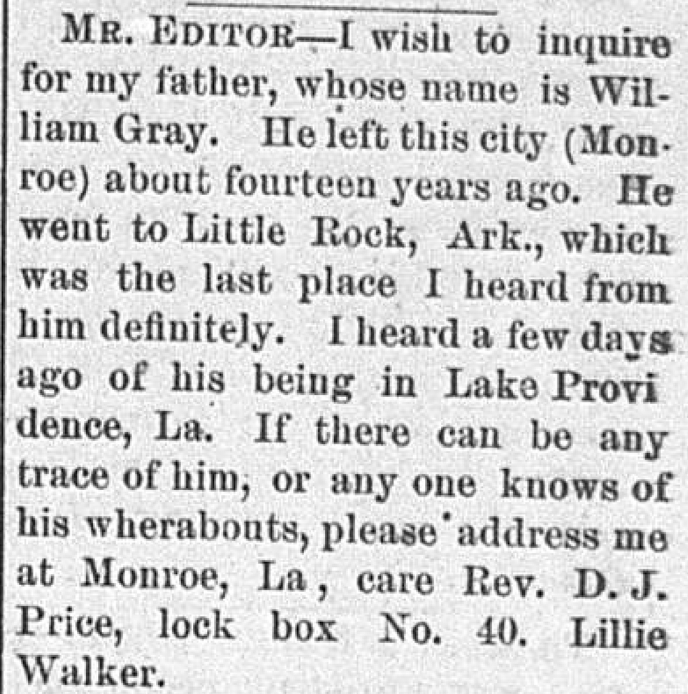 Lillie Walker seeking her father William Gray