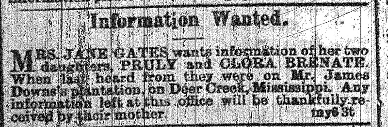 Jane Gates seeking information about her daughters Pruly and Clara Brenate (1st of 2 ads)