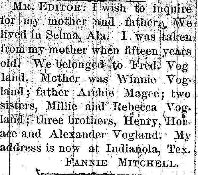 Fannie Mitchell searching for her parents Winnie Vogland and Archie Magee