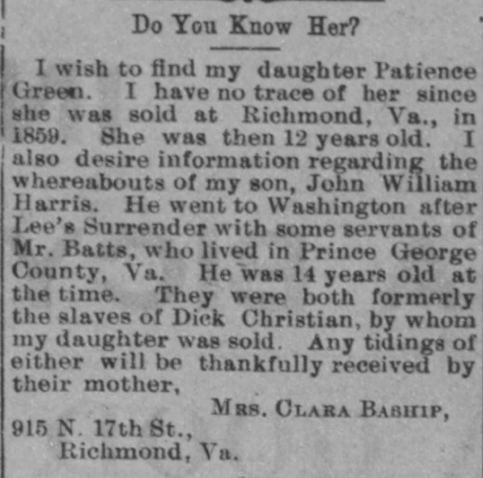 Mrs. Clara Baship (appears elsewhere as Bashop) looking for her daughter Patience Green (4th of 4 ads)