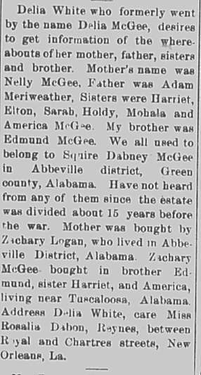 Delia White (formerly Delia McGee) searching for her mother Nelly McGee, father Adam Meriweather, and siblings