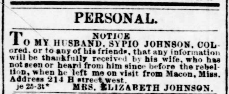 Mrs. Elizabeth Johnson searching for her husband Sypio Johnson 