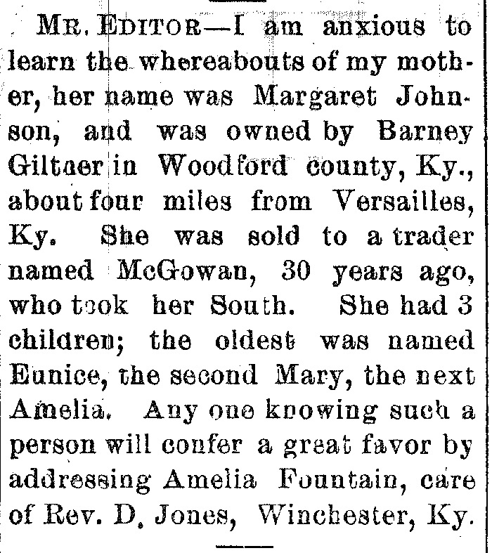 Amelia Fountain searching for her mother Margaret Johnson