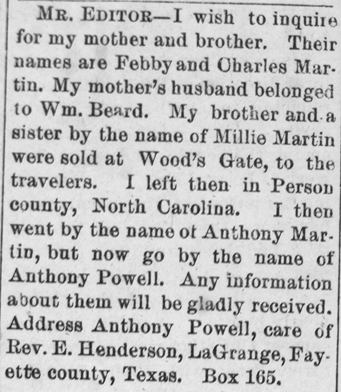 Anthony Powell (formerly Anthony Martin) searching for his mother Febby Martin and brother Charles Martin (1st of 2 ads placed)