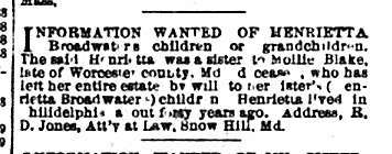 R. D. Jones looking for the children and grandchildren of Henrietta Broadwater