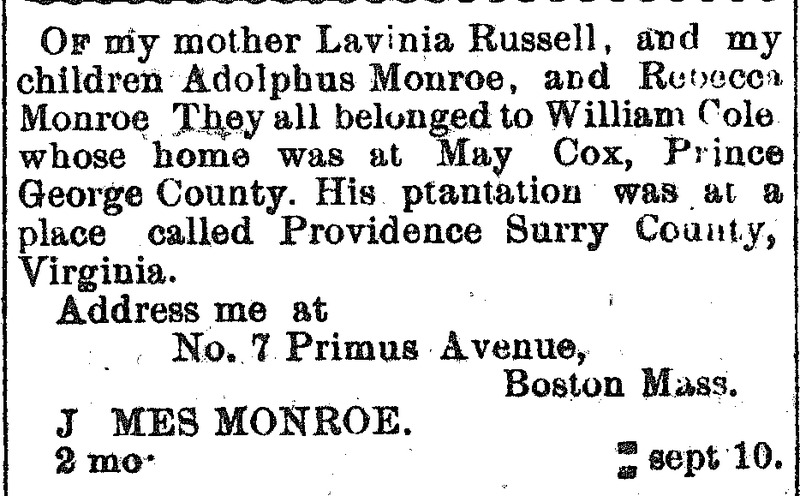 J mes (likely James) Monroe searching for his mother Lavinia Russell and his children Rebecca and Adolphus Monroe