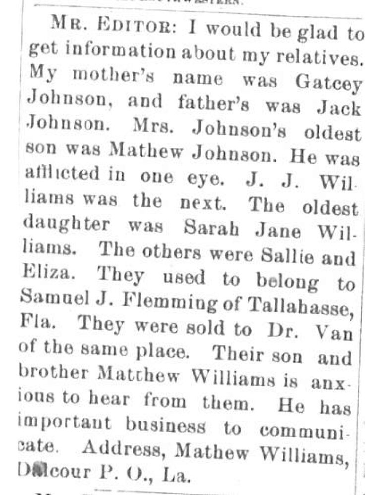 Matthew Williams searching for his parents Jack  Johnson and Mrs. Gatcey Johnson