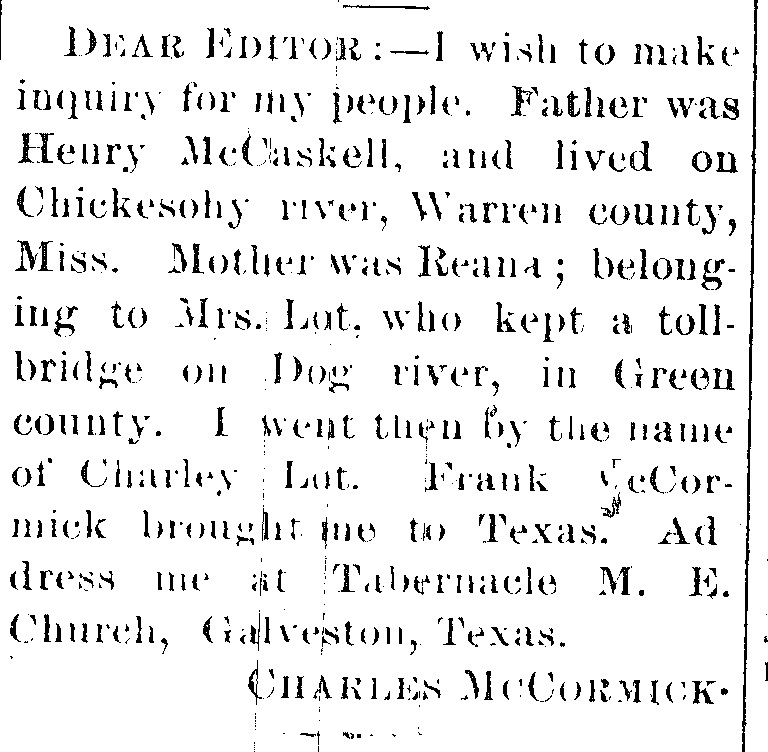 Charles McCormick (formerly Charley Lot) searching for his parents Henry McCaskell and Reana