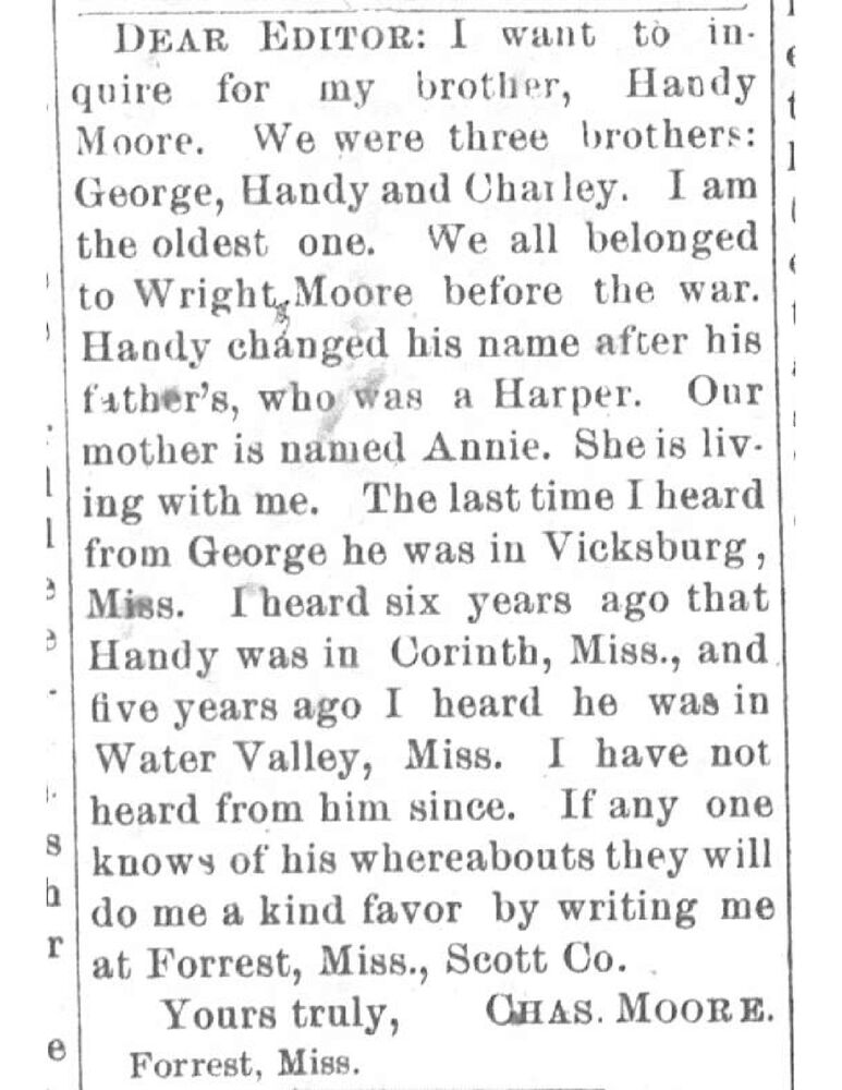 Charles Moore searching for his brother Handy Harper (formerly Handy Moore)