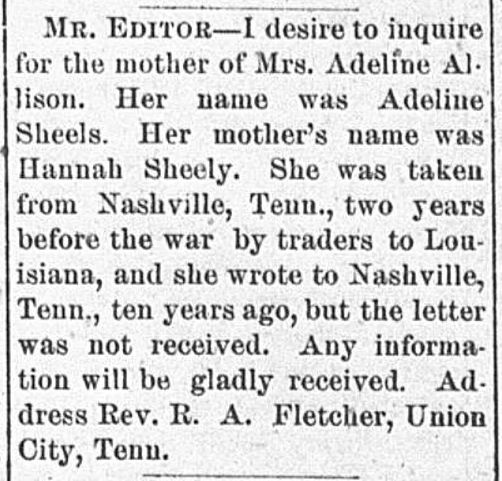 Reverend R. A. Fletcher seeking the mother of Mrs. Adeline Allison (formerly Adeline Sheels)