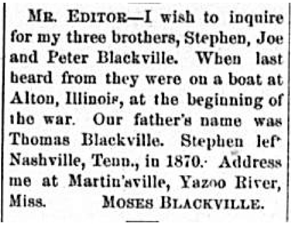 Moses Blackville searching for his three brothers Stephen, Joe, and Peter Blackville