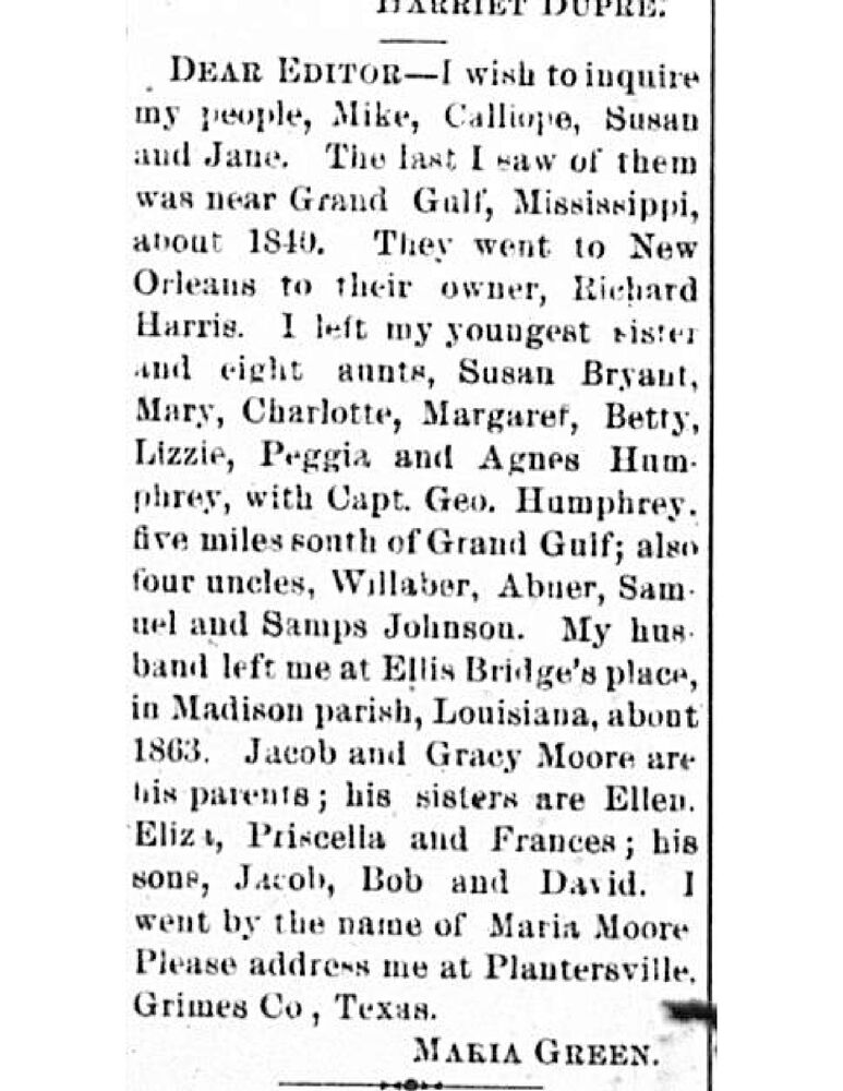 Maria Green (formerly Maria Moore) searching for relatives Mike, Calliope, Susan, and Jane