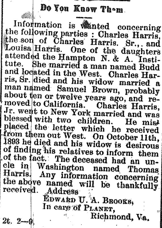 Unnamed widow of Charles Harris, Jr. searching for his mother Louisa Harris and unnamed sister