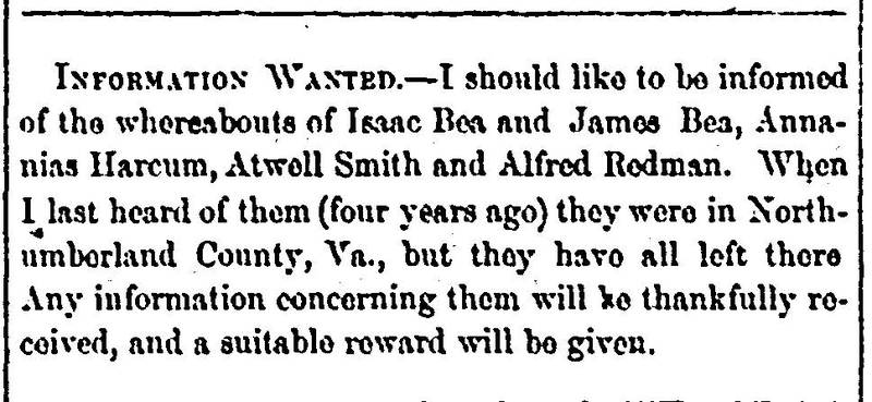 Unknown Person seeking Isaac and James Bea, Annanias Harcum, Atwell Smith, and Alfred Redman