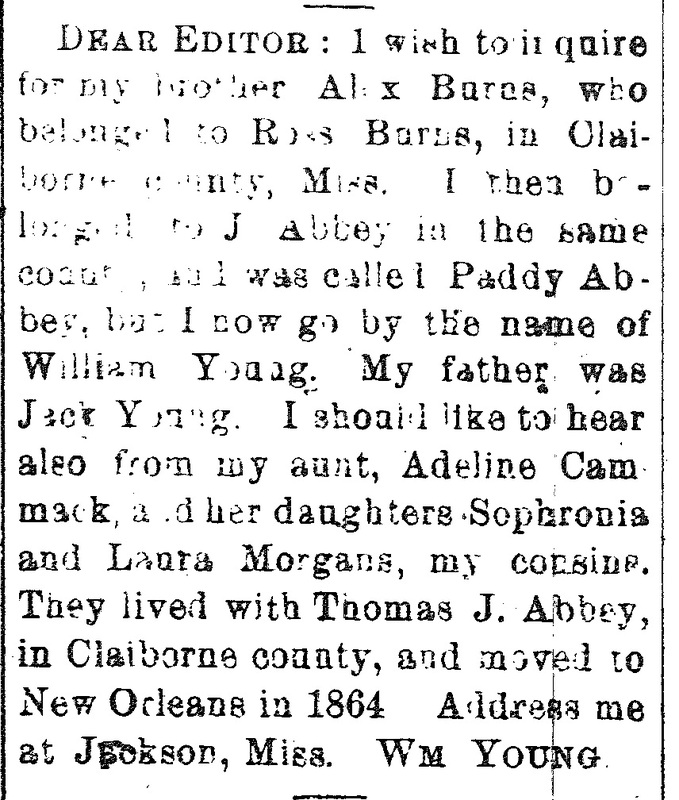 William Young (formerly Paddy Abbey) searching for his brother Alex Burns and others (1st of 2 ads placed)