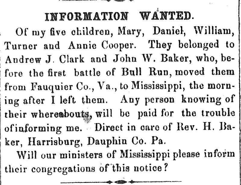 Unnamed parent seeking their children Mary, Daniel, William, Turner, and Annie Cooper