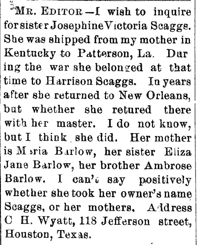 C. H. Wyatt looking for their sister Josephine Victoria Scaggs