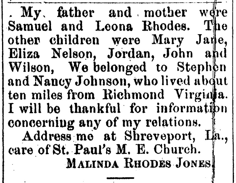 Malinda Rhodes Jones searching for her parents Samuel and Leona Rhodes and several siblings 