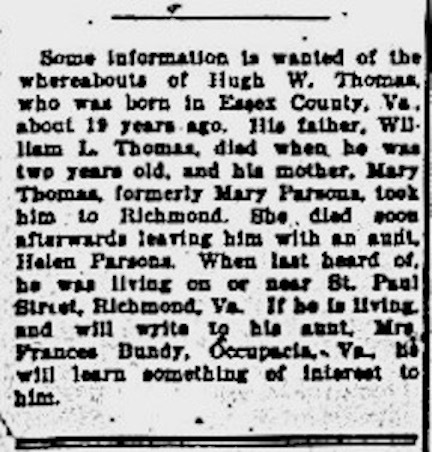 Mrs. Frances Bundy searching for nephew Hugh W. Thomas