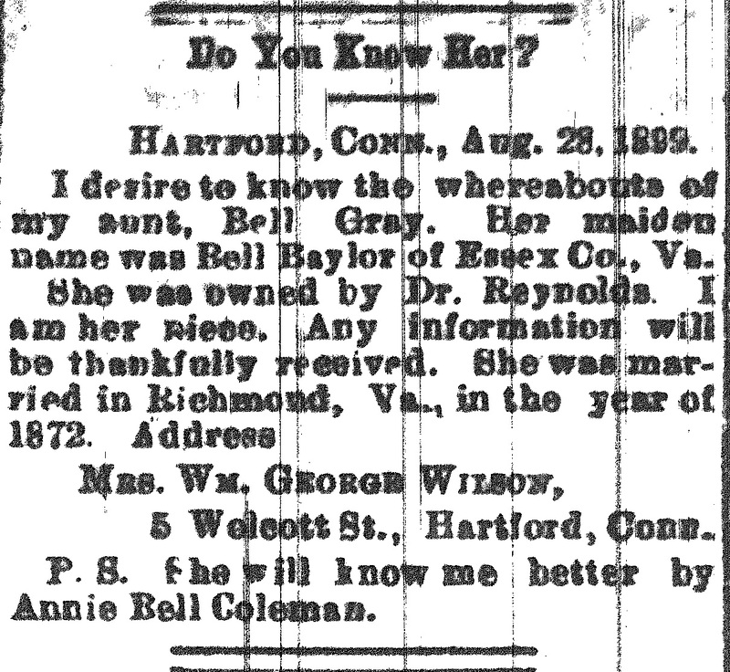 Mrs. William George Wilson (formerly Annie Bell Coleman) searching for her aunt Bell Gray (formerly Bell Baylor)